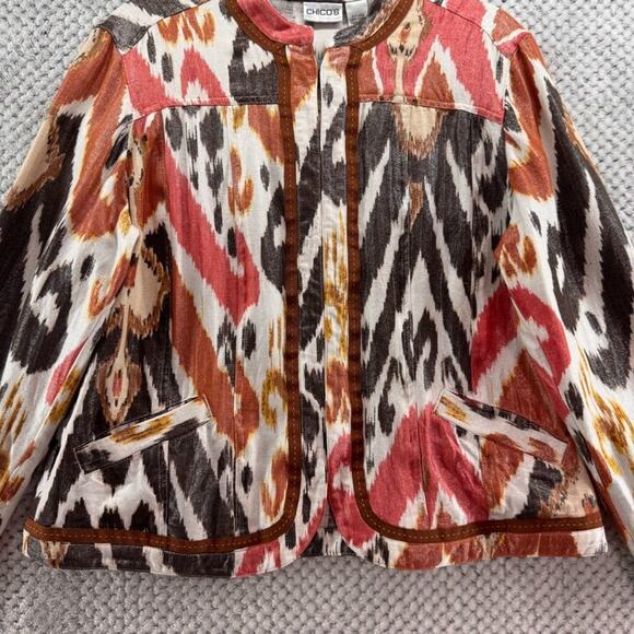 Chicos Jacket Women 2 L Orange Brown Linen Abstract Ikat Metallic Western Pocket - Picture 4 of 16